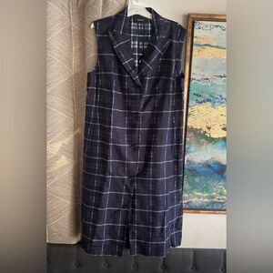 Akris Blue & White  Plaid  Shift Dress Size 10 Collared Zip Zipper Legs Button